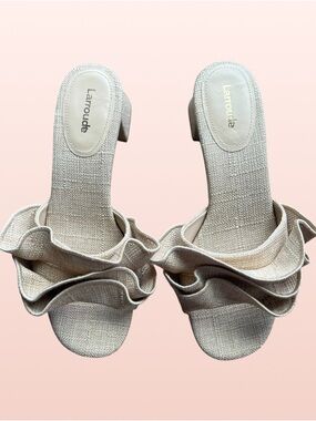Larroude Beige Ruffle Slide Sandals